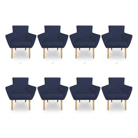 Kit 8 Poltronas Decorativa Leticia Suede Azul Marinho Pés Palito Castanho - Pallazio