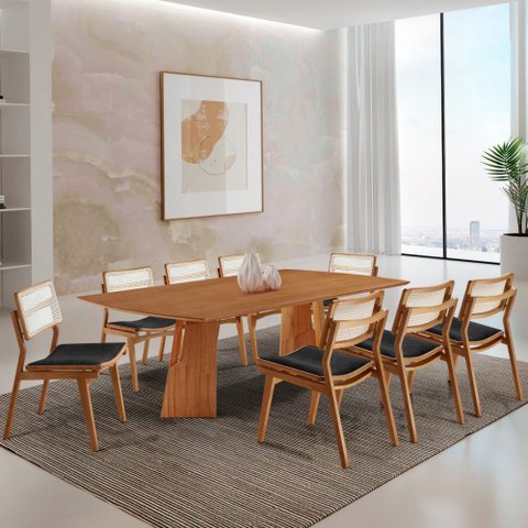 Sala de Jantar Mesa Florida 220cm Tampo Laminado Barril e 8 Cadeiras Eva Premium Moderna Mobília