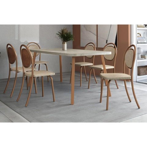 Conjunto: Mesa Sala Jantar Stellar 1597 Aço c/ Tampo Madeirado 160x90cm e 6 Cadeiras 1738 Rose/