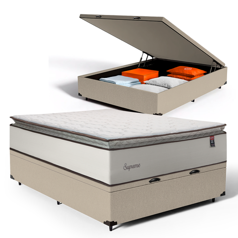 Cama Box Baú com Colchão de Molas Ensacadas Pillow Top Supreme Lux Casal 138cm