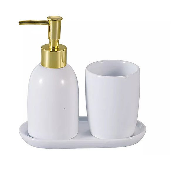 Conjunto Kit Banheiro Cerâmica Branco e Dourado Londres - 1