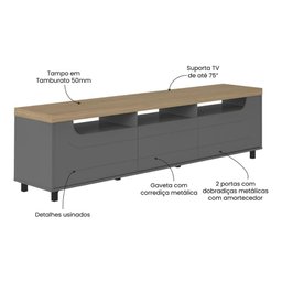 Rack para TV até 75 Polegadas 200cm 2 Portas 1 Gaveta Multimóveis CR45325 - 3