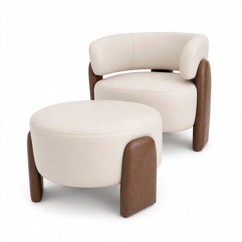 Poltrona com Puff Orgânico Argo Courino Marrom | Off White - Sallar Home