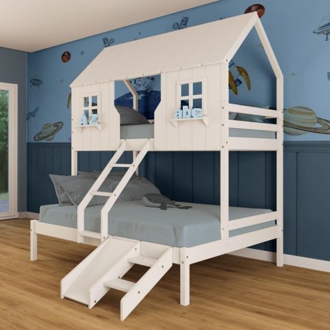 Beliche Casal/ Solteiro Casinha Encantada com Kit Escada/ Escorregador Madeira Maciça Branco