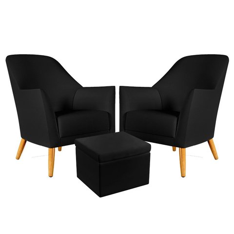 Kit 2 Poltronas Orion com Puff Quasar Courino Preto Aradecor