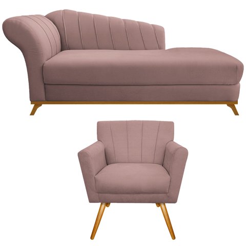 Kit Diva Recamier Vanessa 185cm Lado Direito e 01 Poltrona Laura Linho Doce Sonho Móveis Rosê