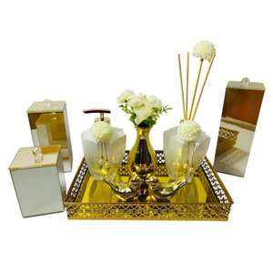 Kit Lavabo Luxo Dourado Branco Aroma Sabonete Porta Escovas