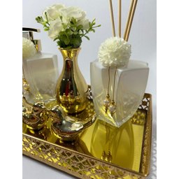 Kit Lavabo Luxo Dourado Branco Aroma Sabonete Porta Escovas - 2
