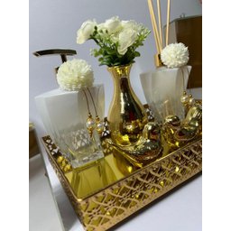 Kit Lavabo Luxo Dourado Branco Aroma Sabonete Porta Escovas - 3