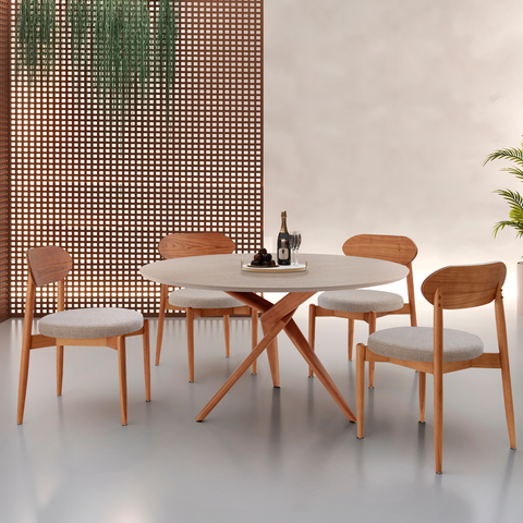 Conjunto Sala de Jantar Mesa 135cm Tampo Redondo Texturizado e 4 Cadeiras Hope Marrom/Brisa/Imbuia/o
