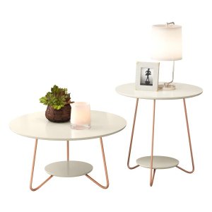 Kit conjunto Mesa lateral + Mesinha de centro Liz cor Off White MDF pés ferro cor de cobre