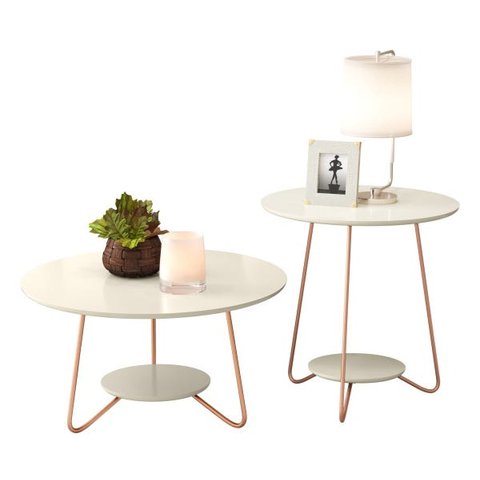Kit Conjunto Mesa Lateral + Mesinha de Centro Liz Cor Off White Mdf Pés Ferro Cor de Cobre