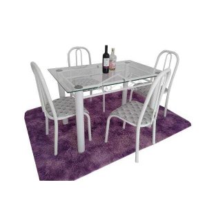 Conjunto Mesa de Jantar Aço com 4 Cadeiras + Vidro 8mm Branca Munique