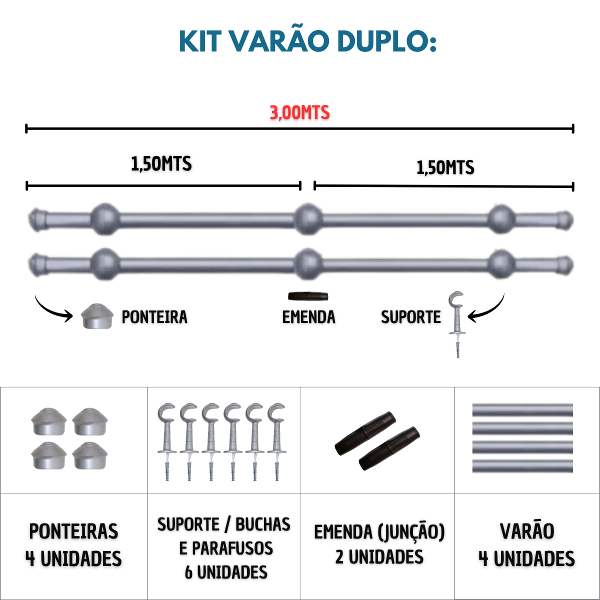 Kit Varão para Cortinas 3,0mts Duplo 19/28mm Prata - 3