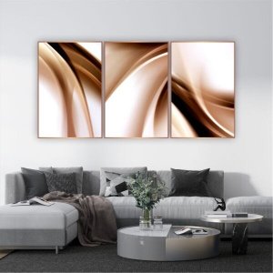 Quadro 105x70cm 3pçs Abstrato Bronze Moldura Vidro