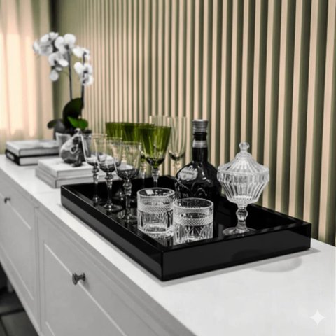 Bandeja Grande de Vidro Preto Decoração Luxo Cozinha Sala Bar 60x35