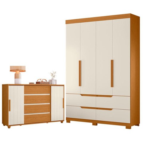 Guarda Roupa Solteiro Doble 04 Portas e Cômoda Evidenza Cinamomo Off White Flex - Móveis Albatroz