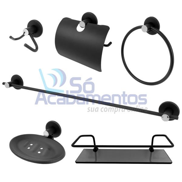 Kit Acessório Para Banheiro Preto Aço Inox 6 Peças Com Porta Shampoo Reto