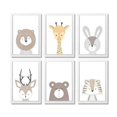 6 Quadros Decorativos Moldura e Vidro Animais Escandinavos