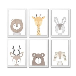 6 Quadros Decorativos moldura e vidro Animais Escandinavos