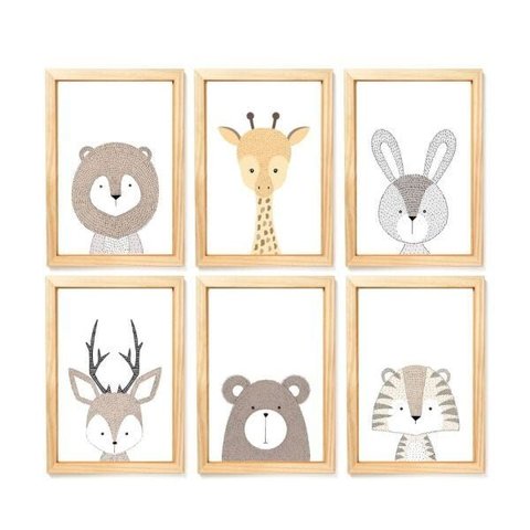 6 Quadros Decorativos Moldura e Vidro Animais Escandinavos