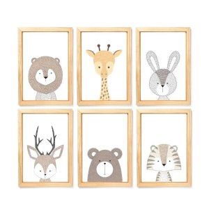 6 Quadros Decorativos moldura e vidro Animais Escandinavos