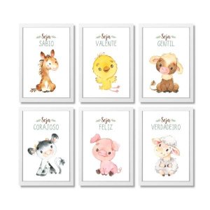 Kit 6 Quadros Decorativos moldura e vidro Animais da Fazenda