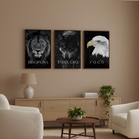 Kit 3 Quadros Disciplina Execução Foco Motivação Moldura:tabaco