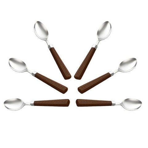 Conjunto com 6 Colheres para Chá de Aço Inox com Cabo de Plástico Rattan Marrom 16cm