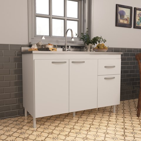 Balcão de Cozinha para Pia de 120cm sem Tampo Suiça Fidelitá 3 Portas 1 Gaveta