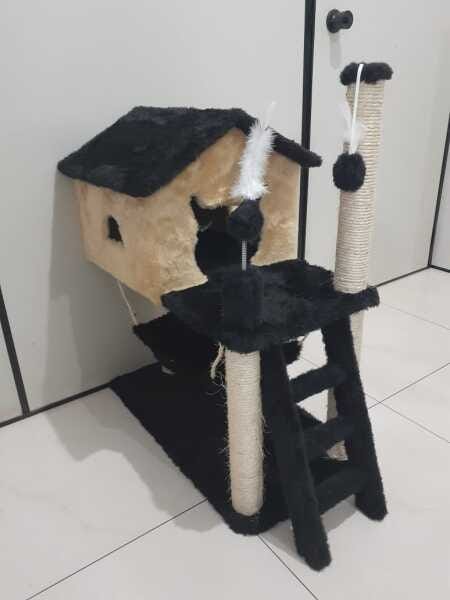 Arranhador Para Gato com Casa Rede Escada Bege - 1