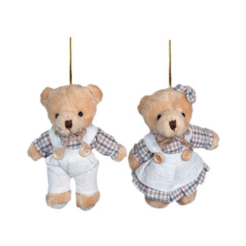 Jogo 2 Ursinhos Decorativos Natal Pelúcia Bege Casal Roupa Linho Xadrez Rústico 13cm
