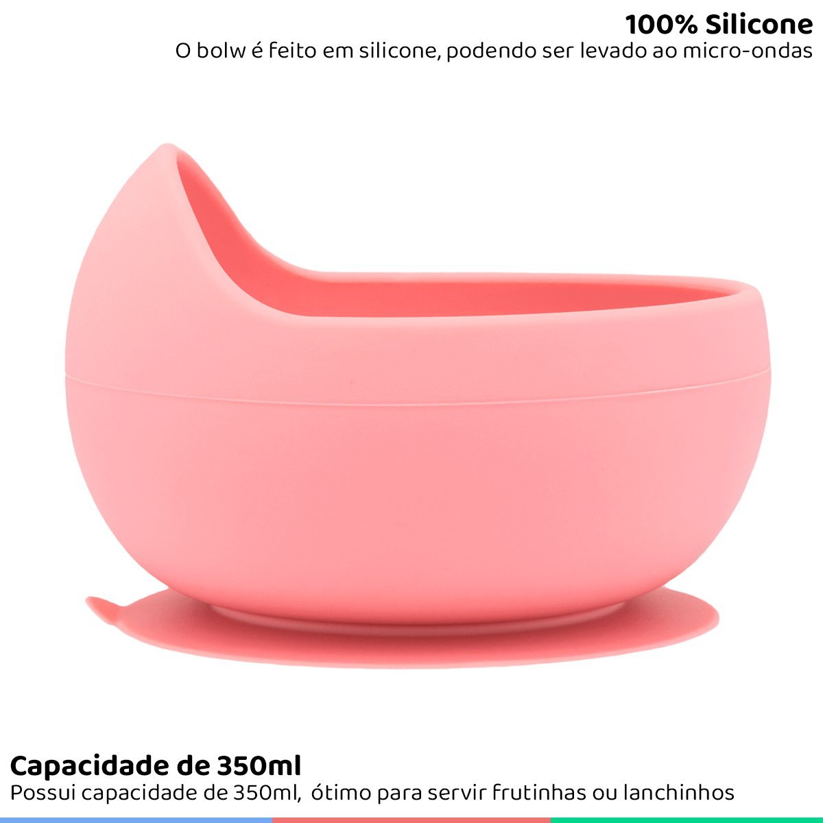 Bowl de Silicone Bebe Alimentação Refeição Infantil 350ML +6 Meses Com Ventosa Rosa Buba - 3