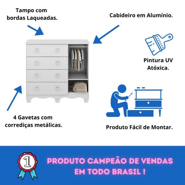 Cômoda Infantil Uli 1 Porta Branco Brilho / Branco com Carvalho Peroba - Branco Brilho - 3