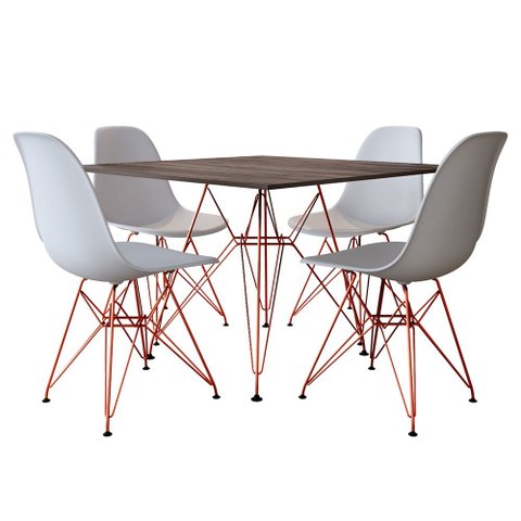 Jogo De Mesa Eames De Ferro Cobre E Tampo Quadrado Amadeirado 90cm 4 Cadeiras Brancas