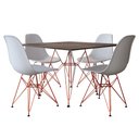 Ver imagem 1 de Jogo De Mesa Eames De Ferro Cobre E Tampo Quadrado Amadeirado 90cm 4 Cadeiras Brancas