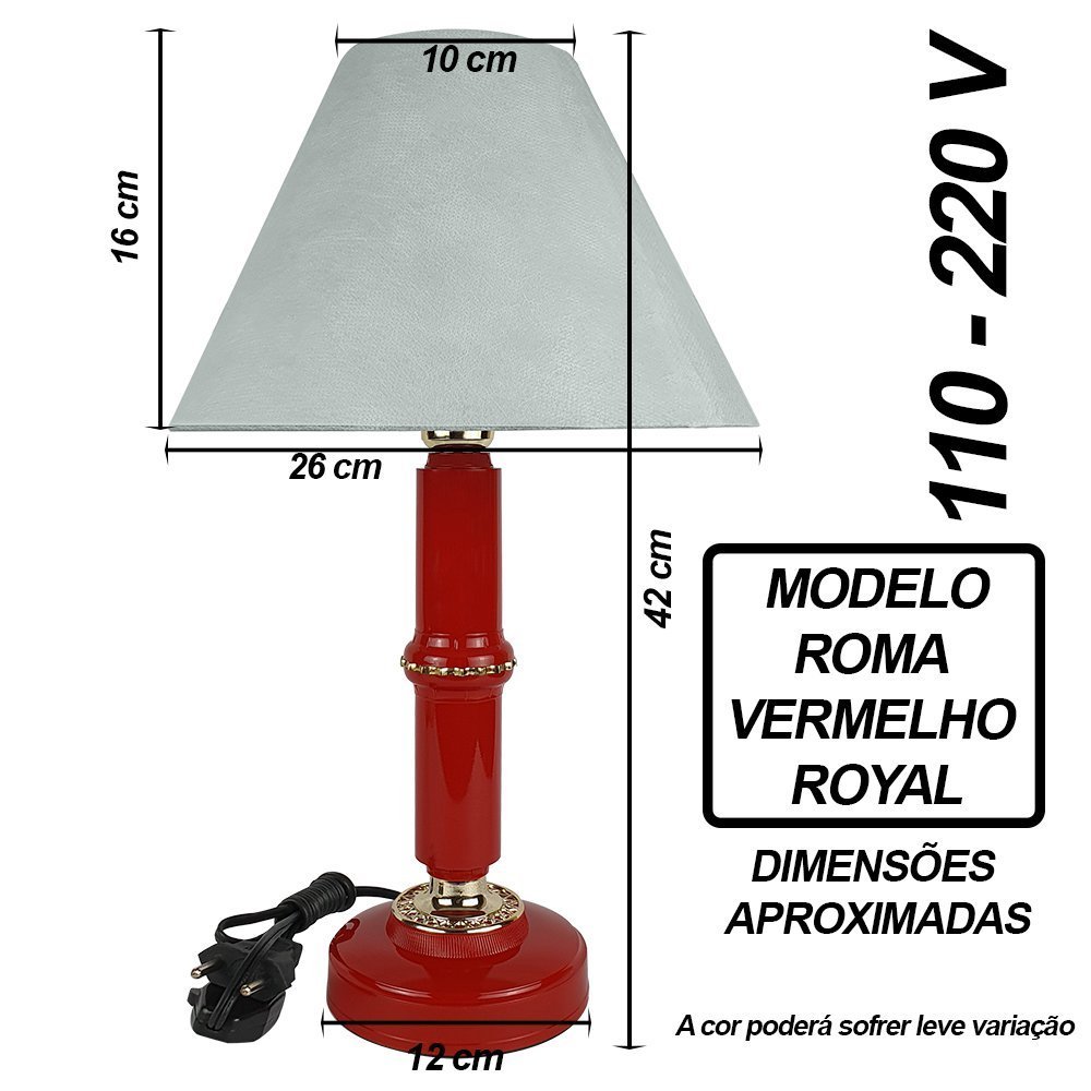 Abajur Clássico Roma Quarto Sala Luminária Decoração – Vermelho Royal Cúpula Branca - 2