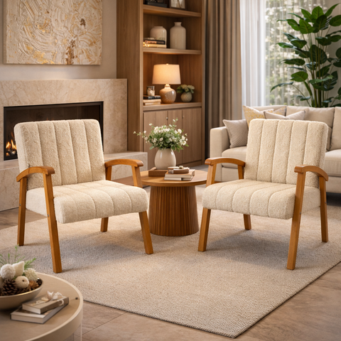 Conjunto 2 Poltronas Haley Tecido Boucle Estrutura Madeira Maciça para Recepção Sala de Estar:bege