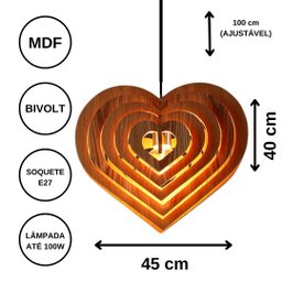 Luminária Teto tipo Pendente CORAÇÃO MDF - Completa - Cor: Marrom - 3