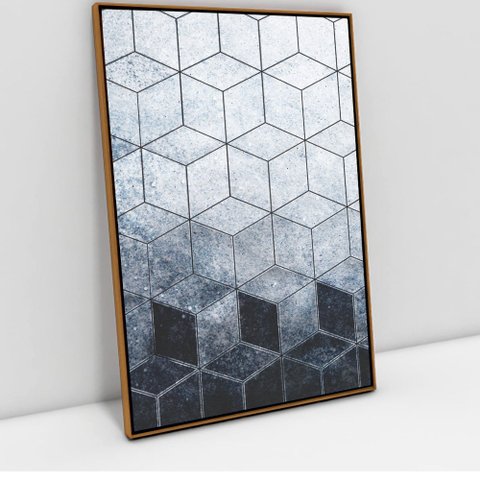 Quadro Decorativo em Canvas Geométrico Cubos Azul TaColado Moldura Flutuante 4,5cm Freijó 120 x 80cm