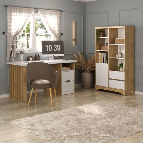 Conjunto Escritório Olmo/branco: Escrivaninha 6269 + Estante 6258