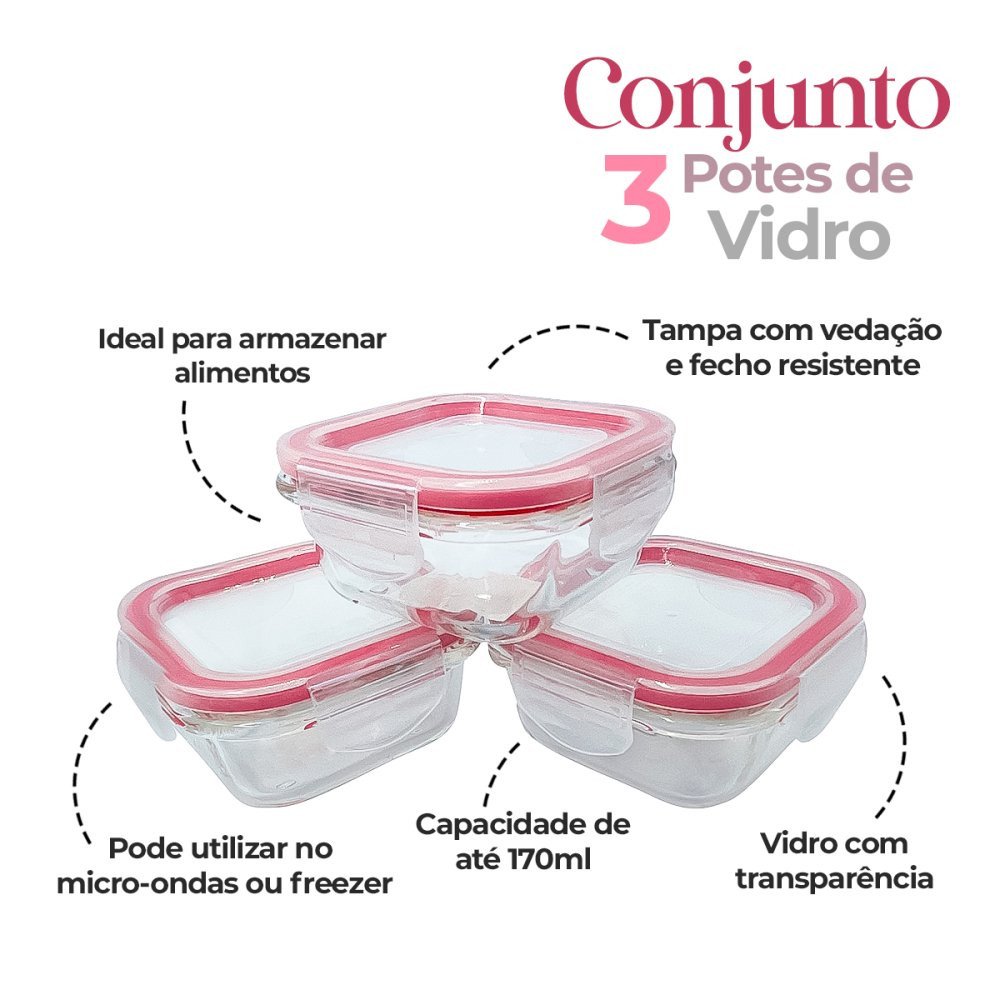 Conjunto 3 Potes de Vidro com Tampa Hermética 170ml Quadrado - 7