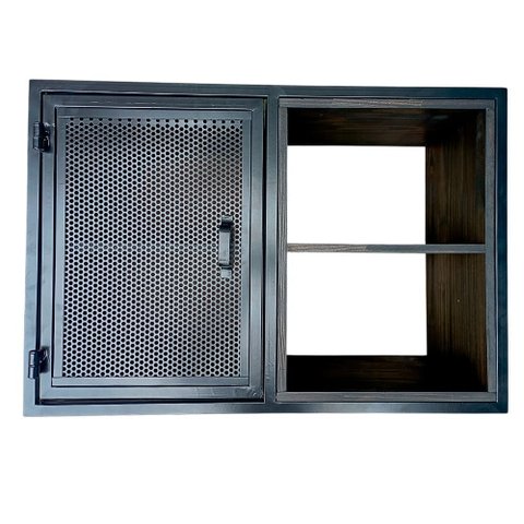 Nicho para Parede com Porta de Chapa Perfurada - Modelo Industrial Ferro e Madeira Maciça Cor Preta