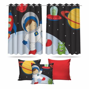 Kit Cortina + 3 Capas Almofadas Infantil - Astronauta Menino