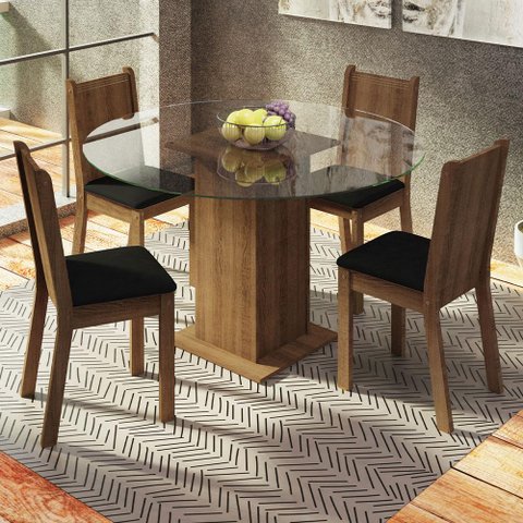 Conjunto Sala de Jantar Madesa Paula Mesa Tampo de Vidro Redondo 4 Cadeiras - Rustic/preto