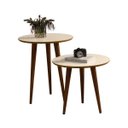 Ver imagem 2 de Jogo 2 Mesas Lateral e Apoio Redonda Sol Pés Palito cor Off White / Freijó - JM Casa dos Móveis