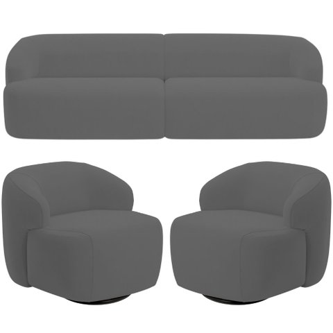 Sofá 3 Lugares Curvo Orgânico com 02 Poltronas para Sala Living 250cm Barolo L06 Veludo Grafite - Ly