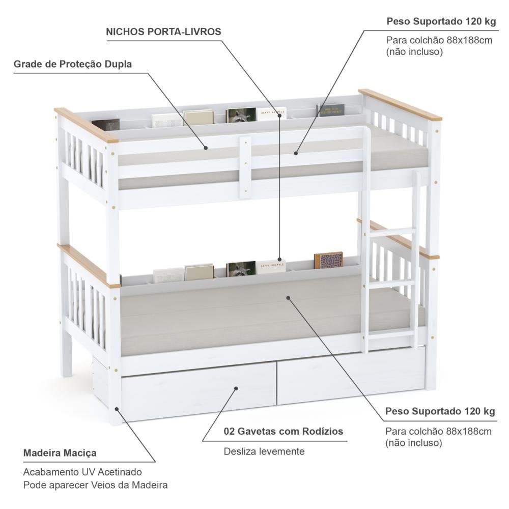 Beliche Solteiro Import com 02 Gavetas e Porta Livros Madeira Maciça Branco/mel Housin - 4