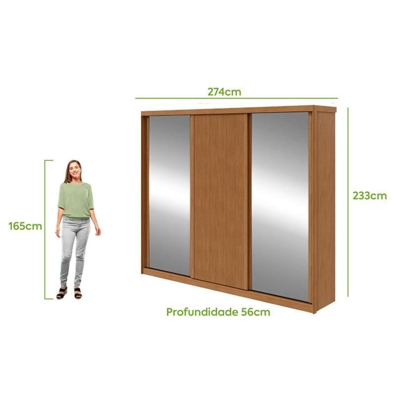 Guarda Roupa Casal Ollie 3 Portas Amêndoa Clean com Espelho Glass