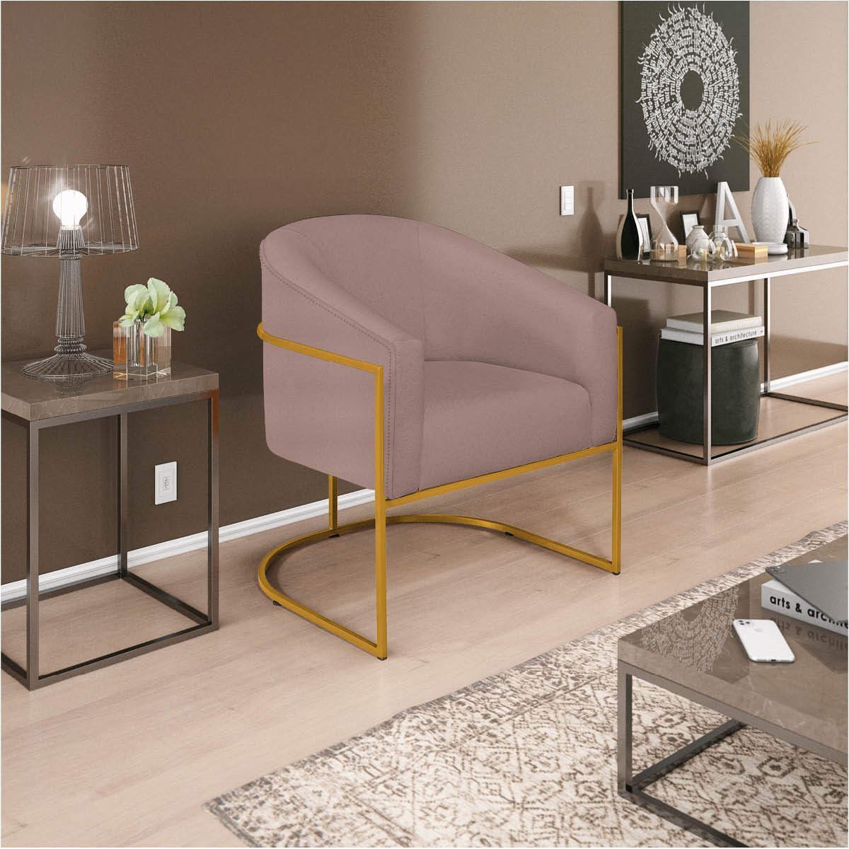 Poltrona Luiza Base de Ferro Dourado Linho Rosê - ADJ Decor